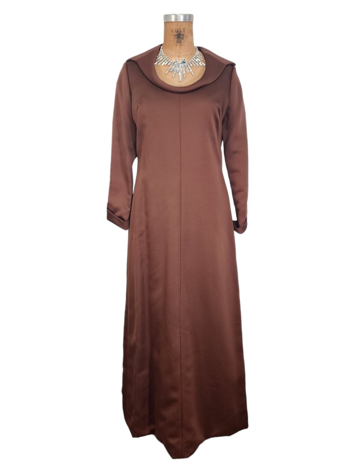 Vtg 70s Maxi Dress M Open Collar Scoop Neck Long Tailored Brown Cocoa Long Gown