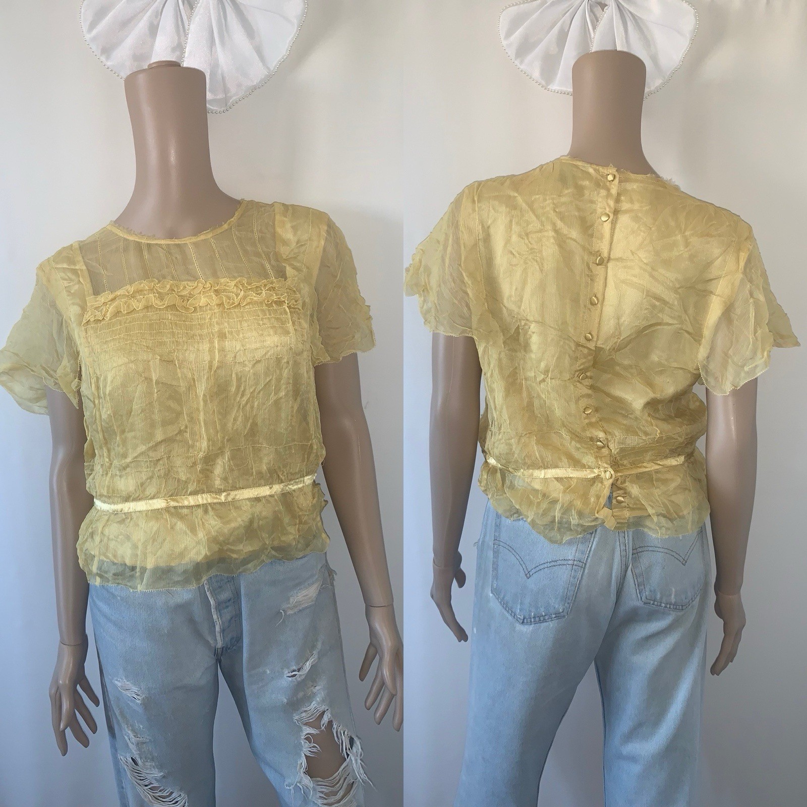 As Is vintage 90s Y2K designer yellow gold silk chiffon crop blouse top