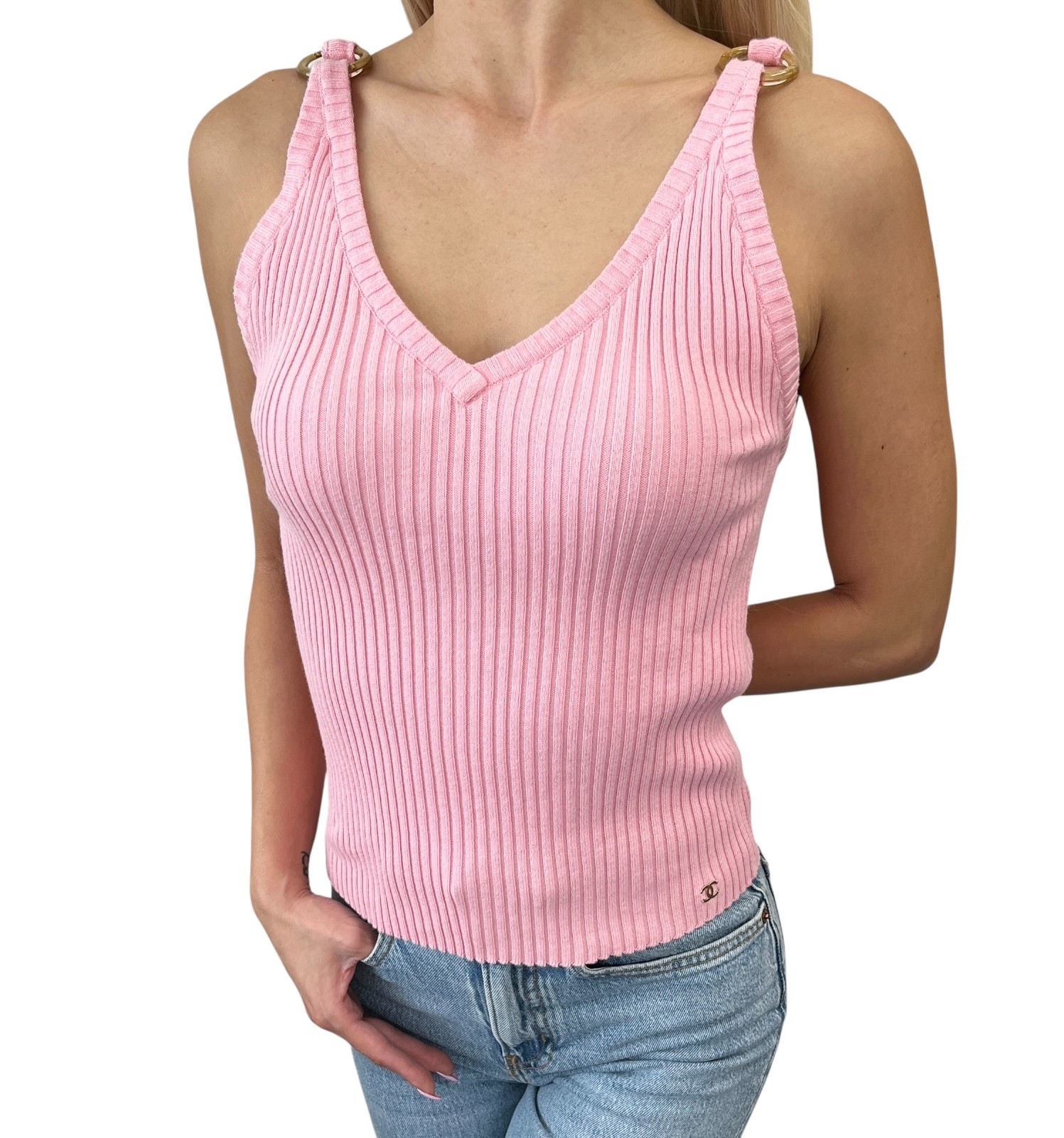 CHANEL Vintage 01C CC Logo Knit Rib Tank Top #42 Gold Rings Pink Cotton