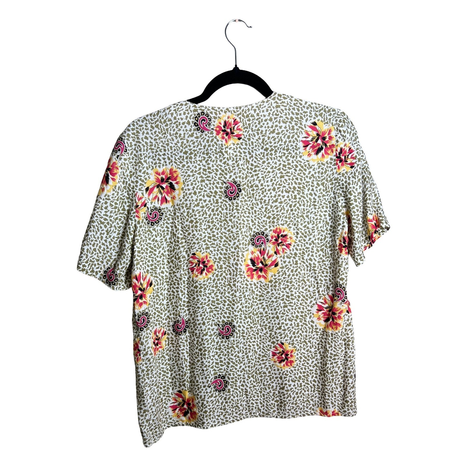 Leslie Fay Vintage 90s Floral Animal Print Button Shoulder Rayon Blouse Size 8