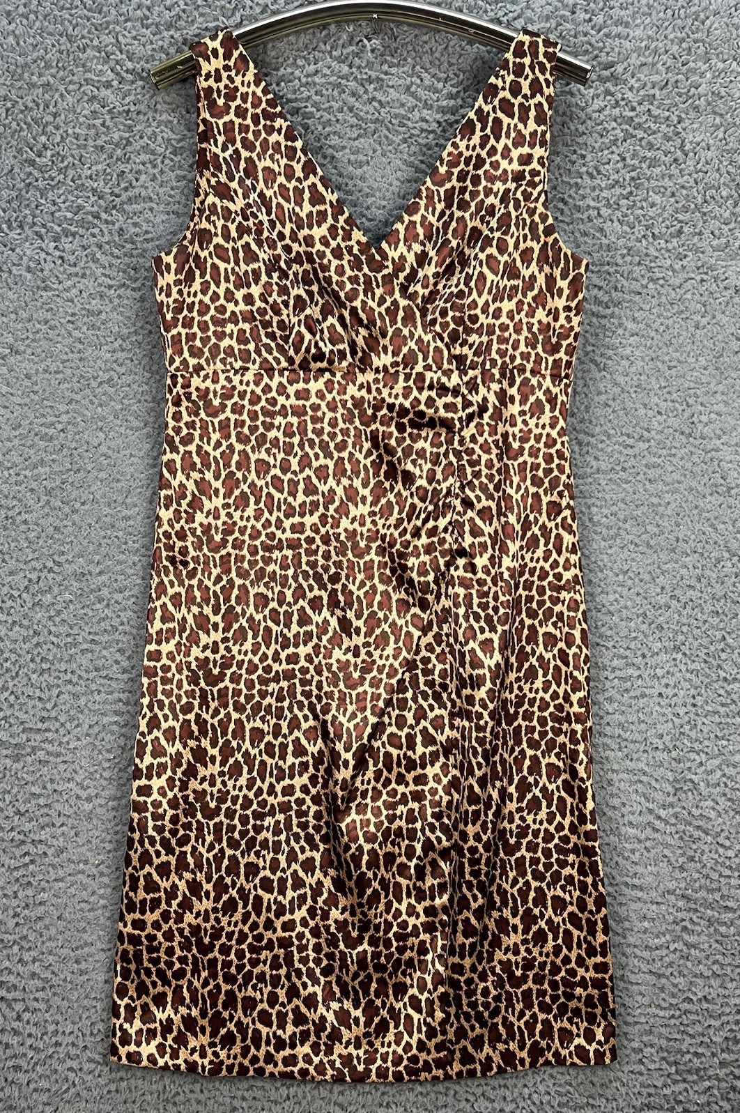 Vtg Jessica Howard Leopard Print Dress Womens 12P Petite Satin Vneck Ruching EUC