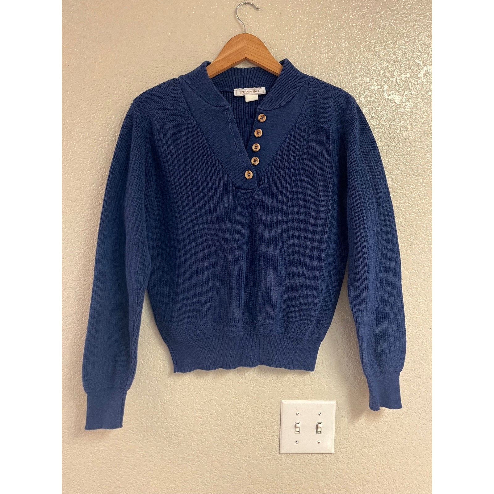 Northern Isles Vintage Navy Blue Cotton Ribbed Henley Sweater Made in USA Large