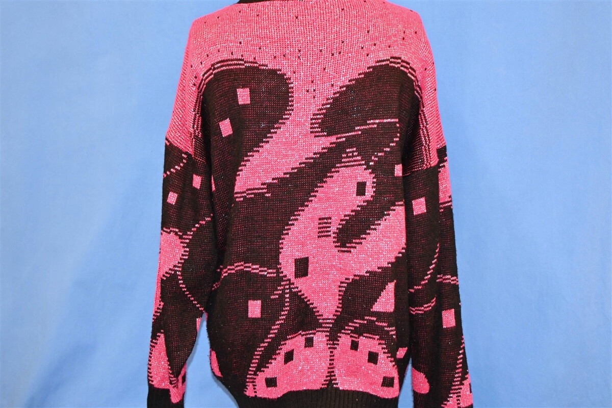vintage 80s HOT PINK BLACK GLITTER SPARKLY ABSTRACT GEOMETRIC SWEATER WOMEN’S L