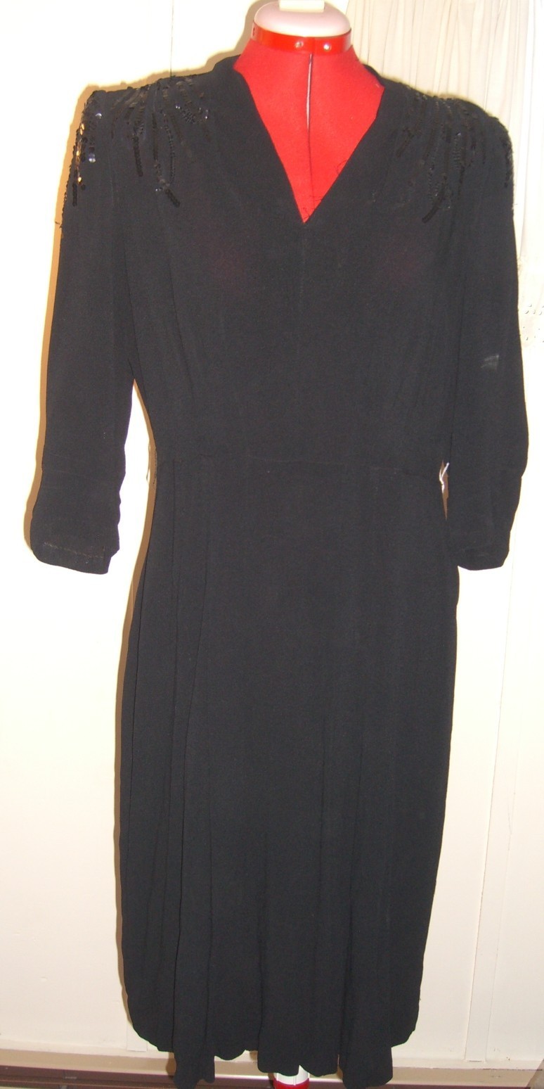 VINTAGE 1930’s Black Sequined Crepe Dress, Exquisite DEADSTOCK, Size Sm-Med