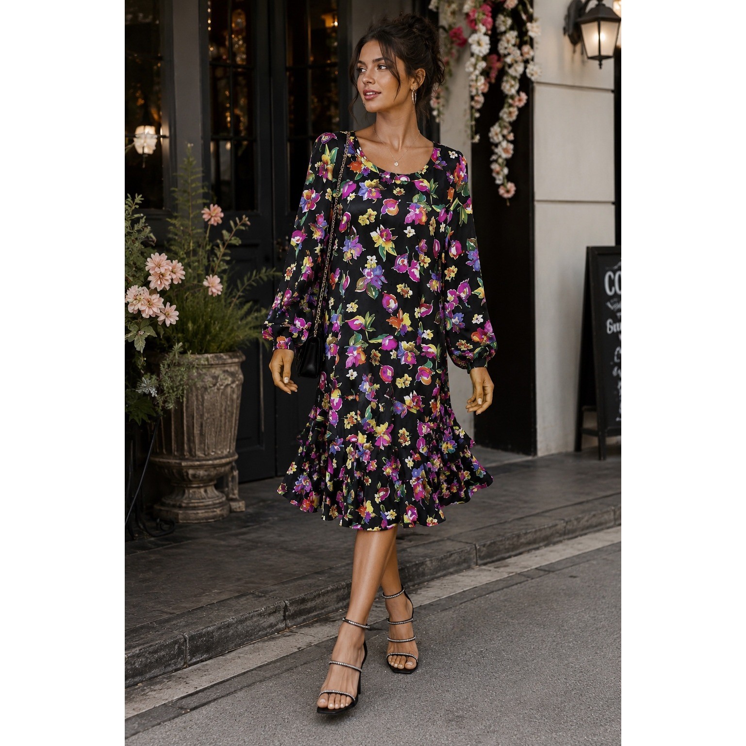 Pat Argente Vintage 100% Silk Floral Tiered Ruffle Dress Size 12