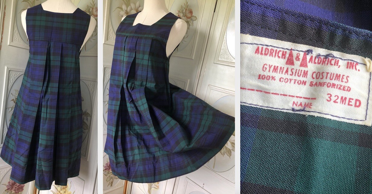 VTG 50s ALDRICH SANFORIZED PLAID COTTON GYMNASIUM DRESS USA 32 NAVY GREEN EUC