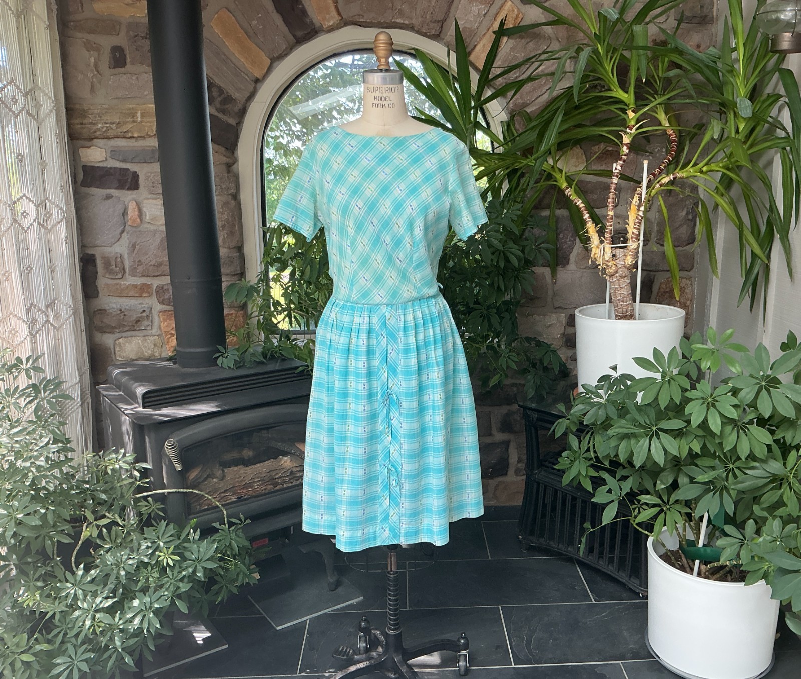 Vintage 1960s Turquoise and White Dobby Plaid Day Dress