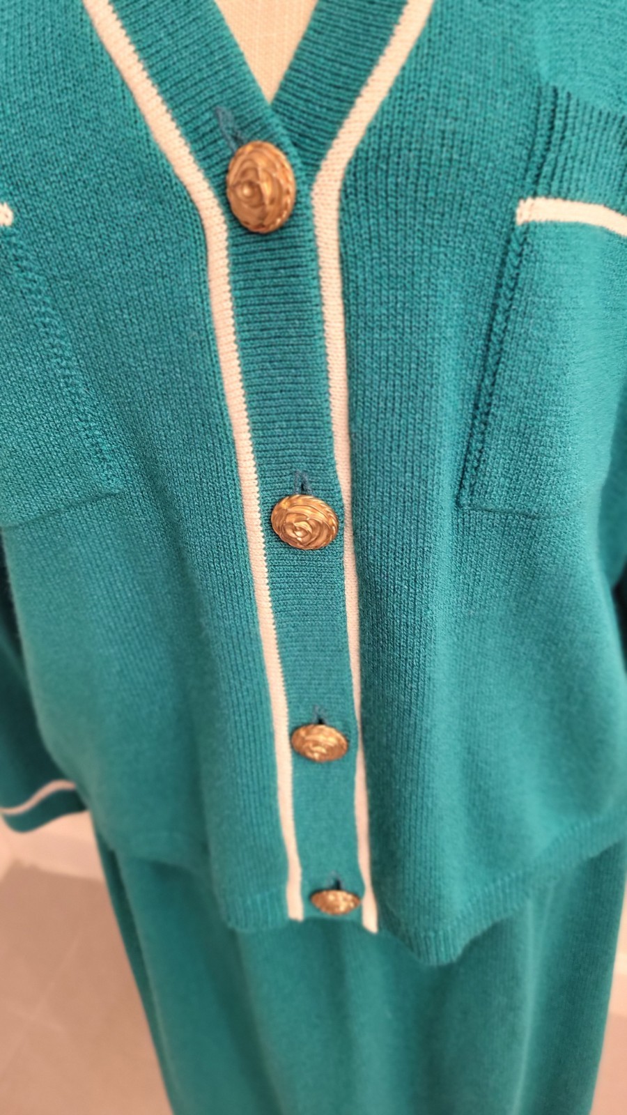 Knit Skirt Suit Lg 2pc Laura byAlyzia 70’s Teal Green Shoulder Pad USA Evc Vtg