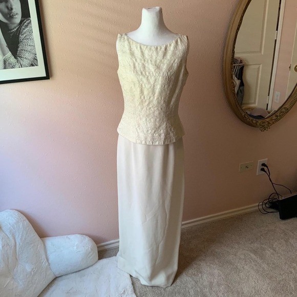 Vintage 80s / 90s White Beaded Peplum Top and Skirt Formal Dress Set