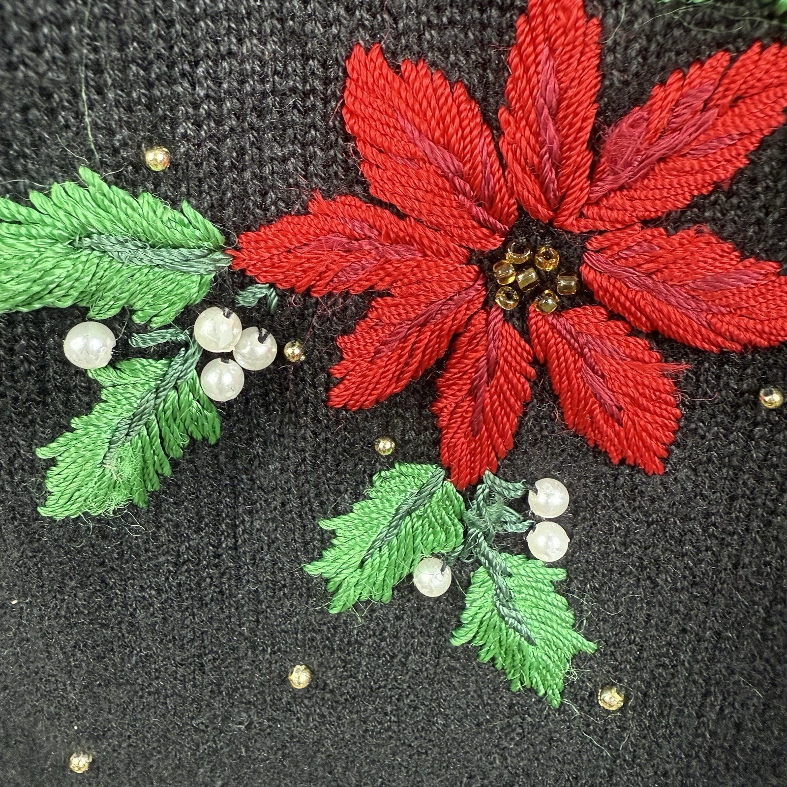 Vintage 90s Beaded Black Embroidered Poinsettia Sweater Large Holiday Christmas