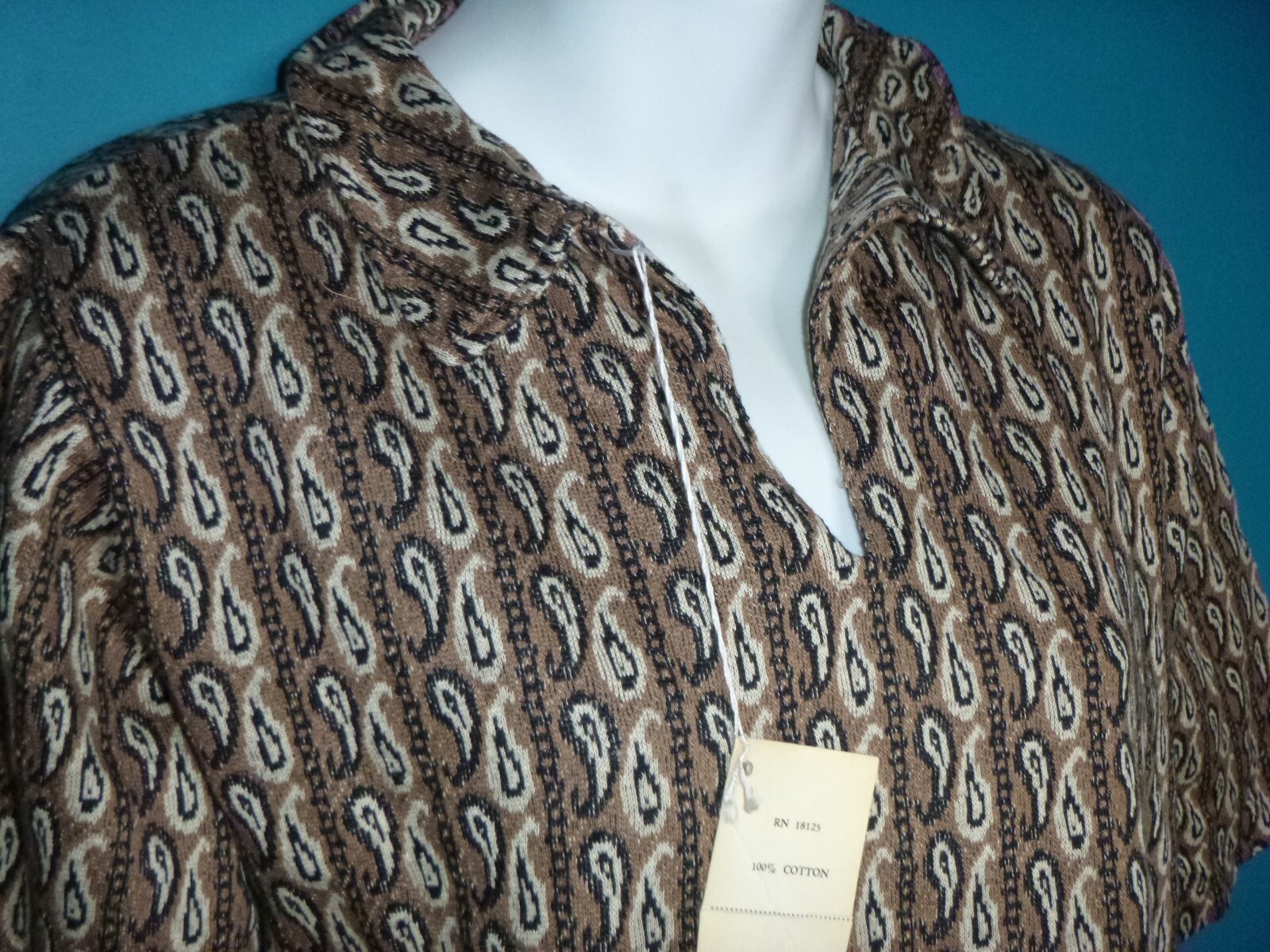 NOS Vtg 60s Stylecraft Cotton Knit Top Brown Black Paisley Sz M/L DEADSTOCK