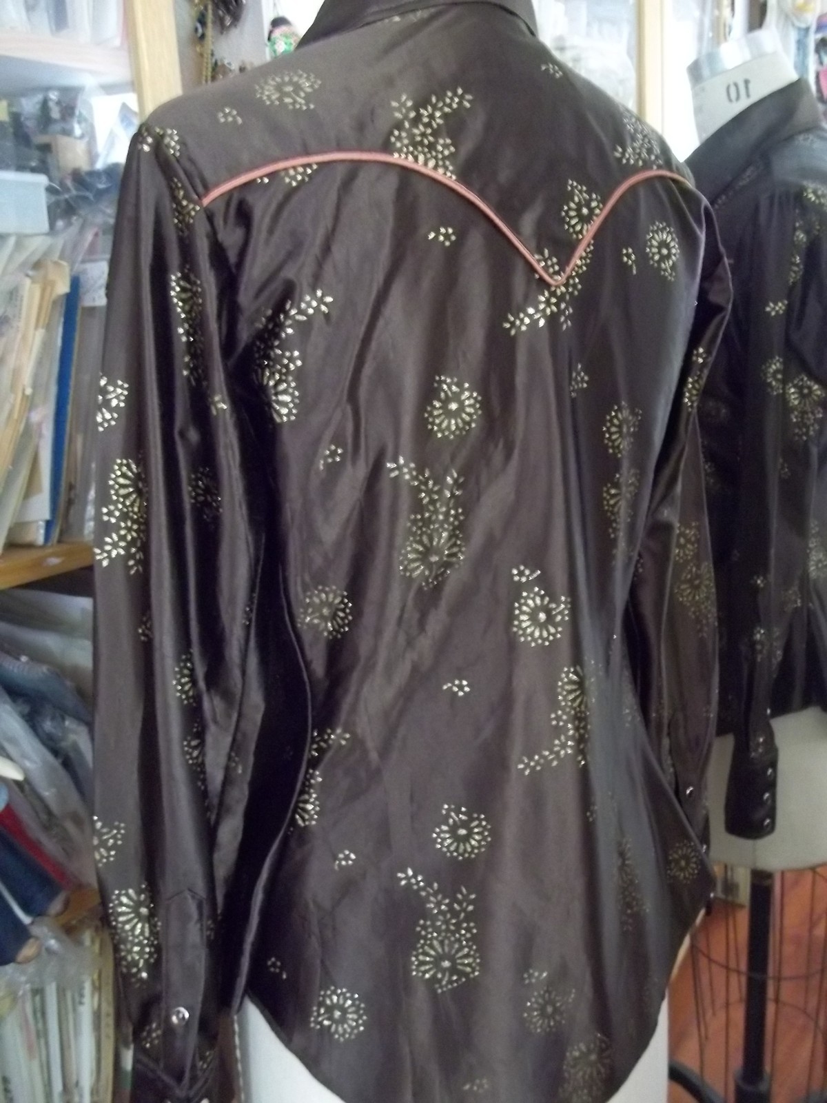 Vintage Panhandle Slim Western Shirt S-M Arnel Brown Gold Metallic Snaps 70s 80
