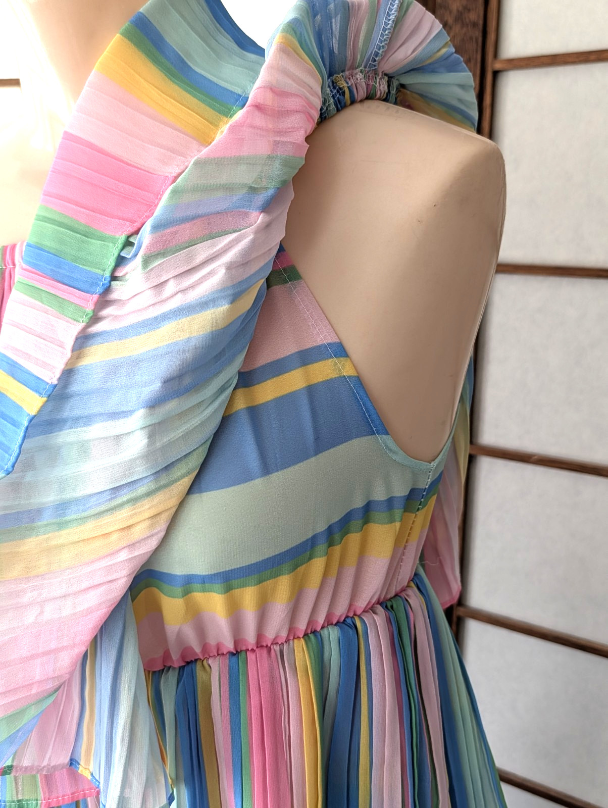 Vintage 1980s Three-tiered Pastel Striped Off The Shoulder Ruffle Mini Dress S/M
