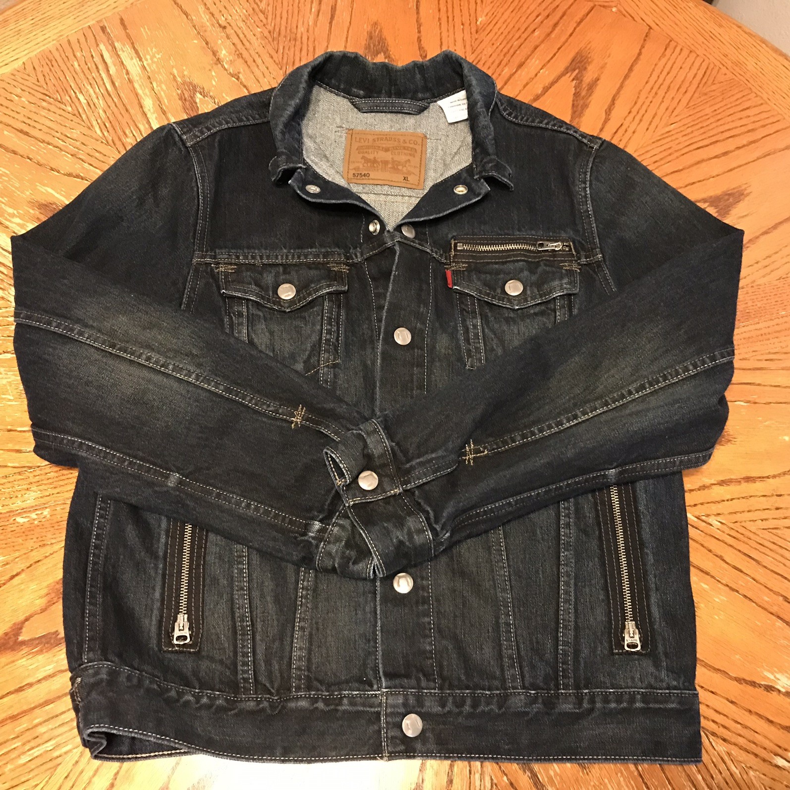 LEVIS Jean Jacket Moto Style Trucker #57540 Denim Zipper Rare Snaps Vintage XL