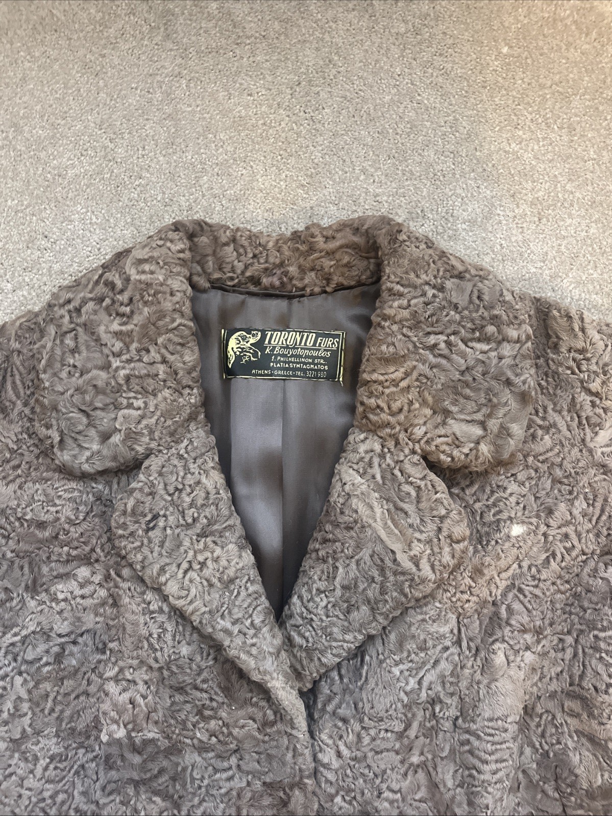 Vintage Karakul Lamb Toronto Furs Brown Coat K. Bouyotonoulos Athens Greece M/L