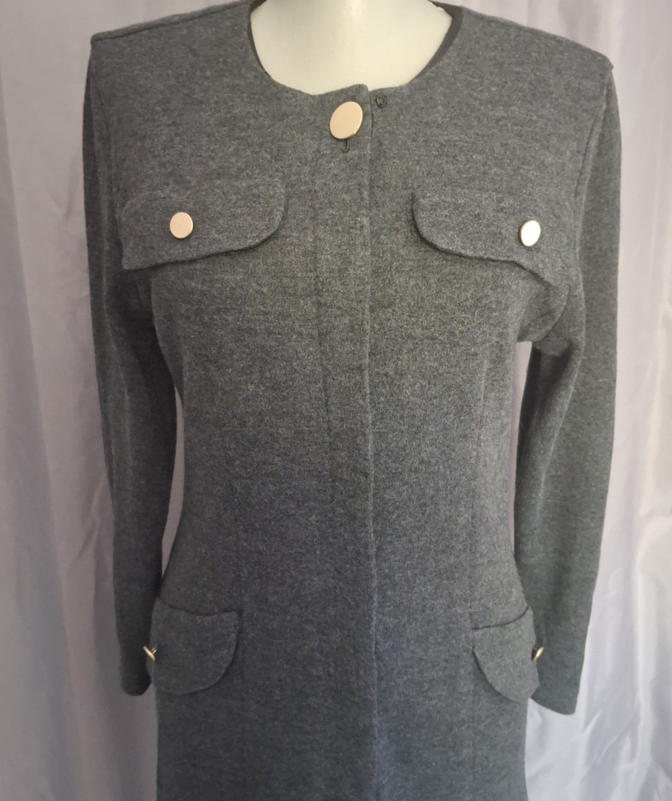 Vtg 70s Kwai Business Chic dress gold buttons grey drop waist Sz 6P minimalist