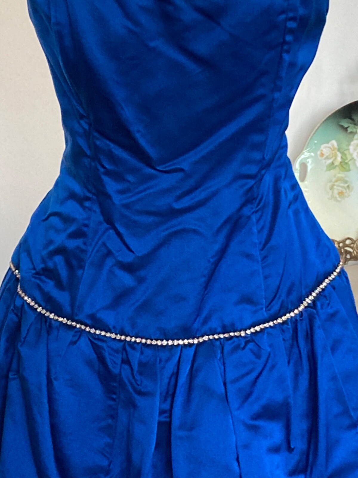 Vintage CACHE Peacock Blue Silk Bubble COCKTAIL Dress Rhinestones Strapless 36