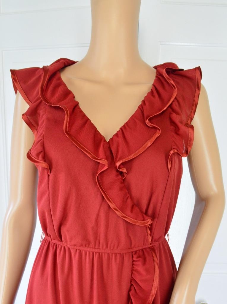 VTG 80s Teeze Me Burnt Orange Mini Sheer Mesh Salsa Flutter Ruffle Deep V Dress