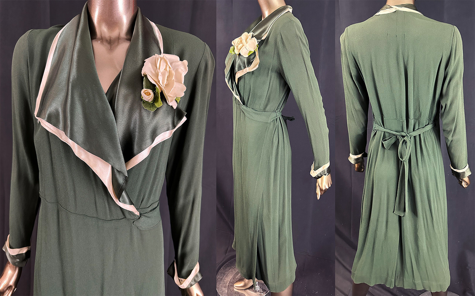 Vintage 1930s Dark Forest Green Silk Crepe White Magnolia Flower Trim Wrap Dress