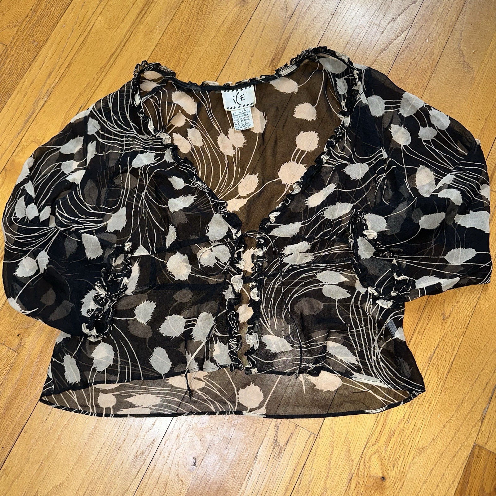 VTG Y2K Beaded Silk 3/4 Sleeve Sheer Top Cardigan Ethereal 90s Grunge Babydoll