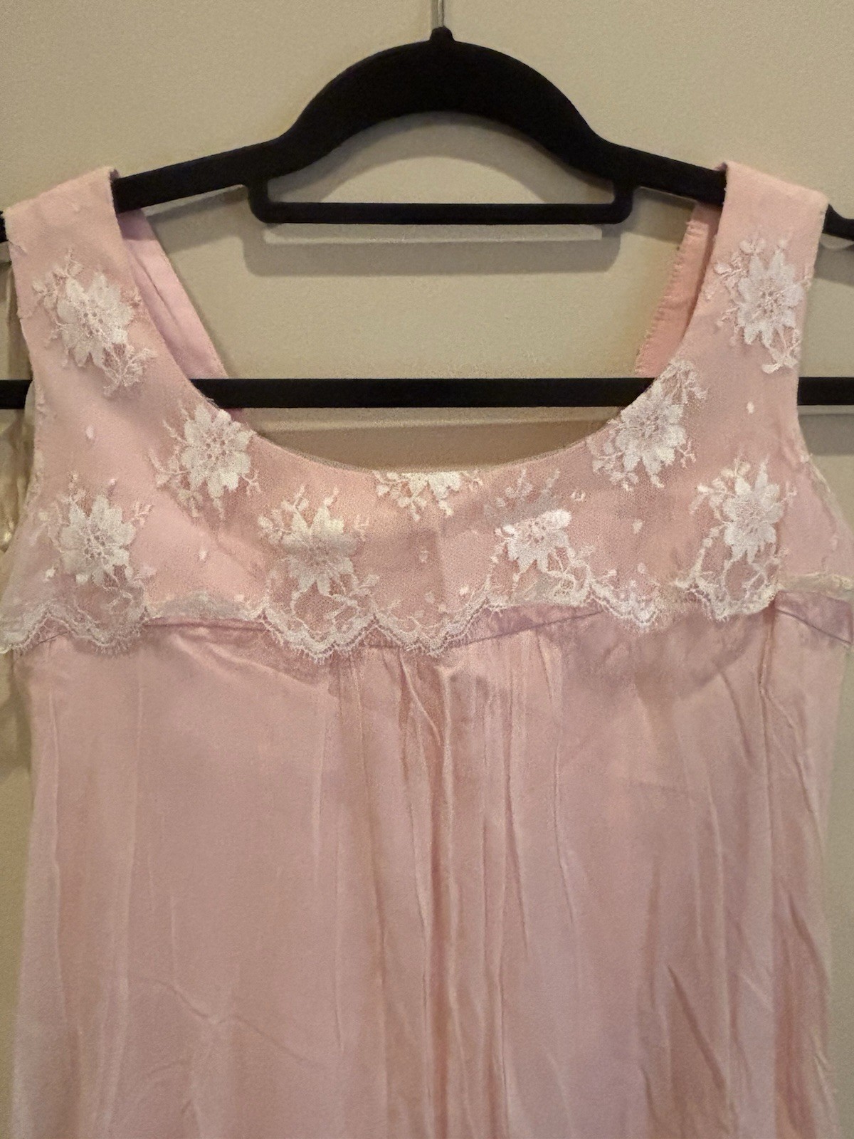 Vintage 1950s Pink Chiffon Party Dress — White Lace Yoke, Bow Back, Double Layer