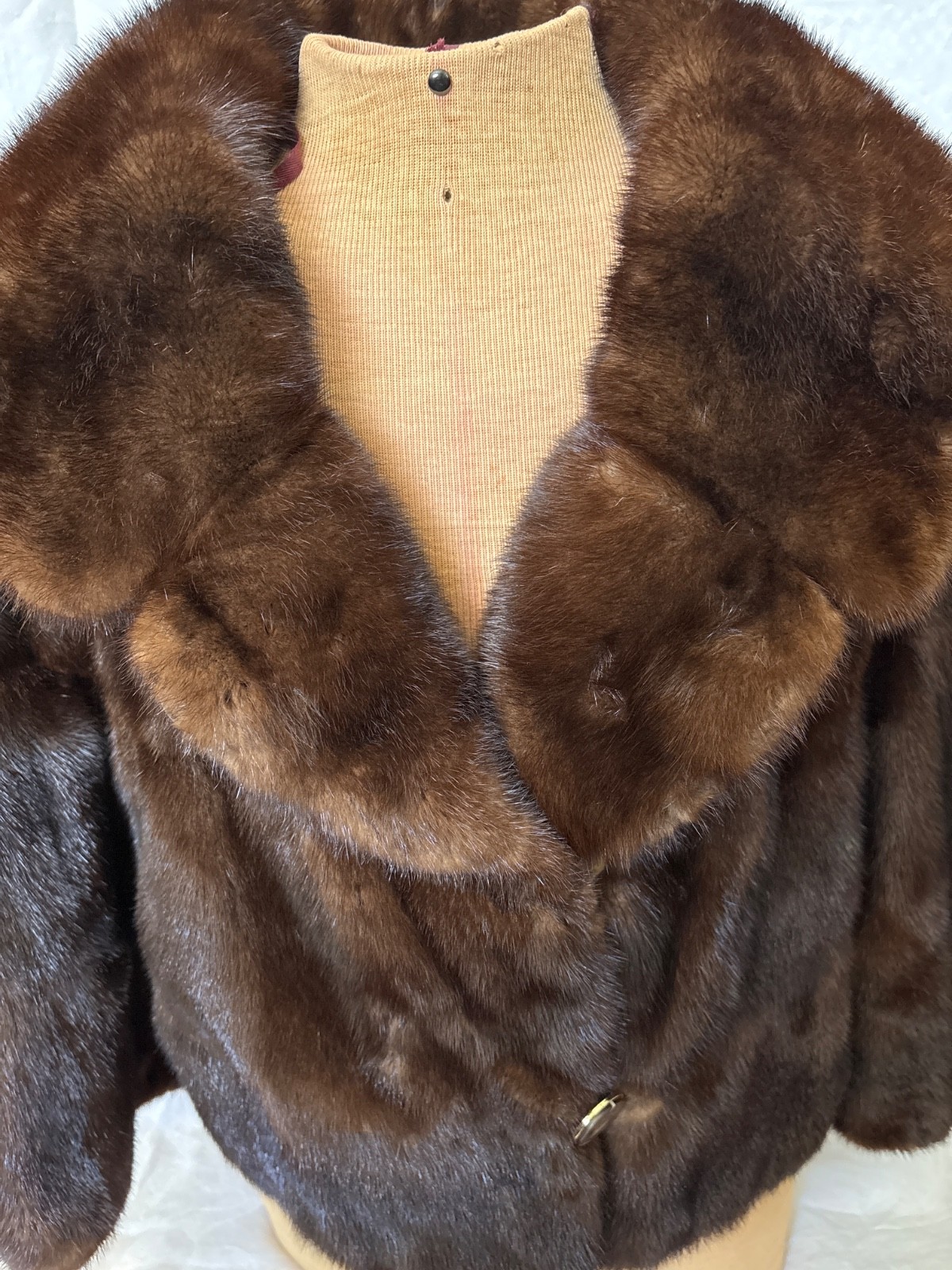 VINTAGE Brown Mink 50’s SHRUG JACKET LADIES SMALL-Shawl Collar-Bracelet Sleeves