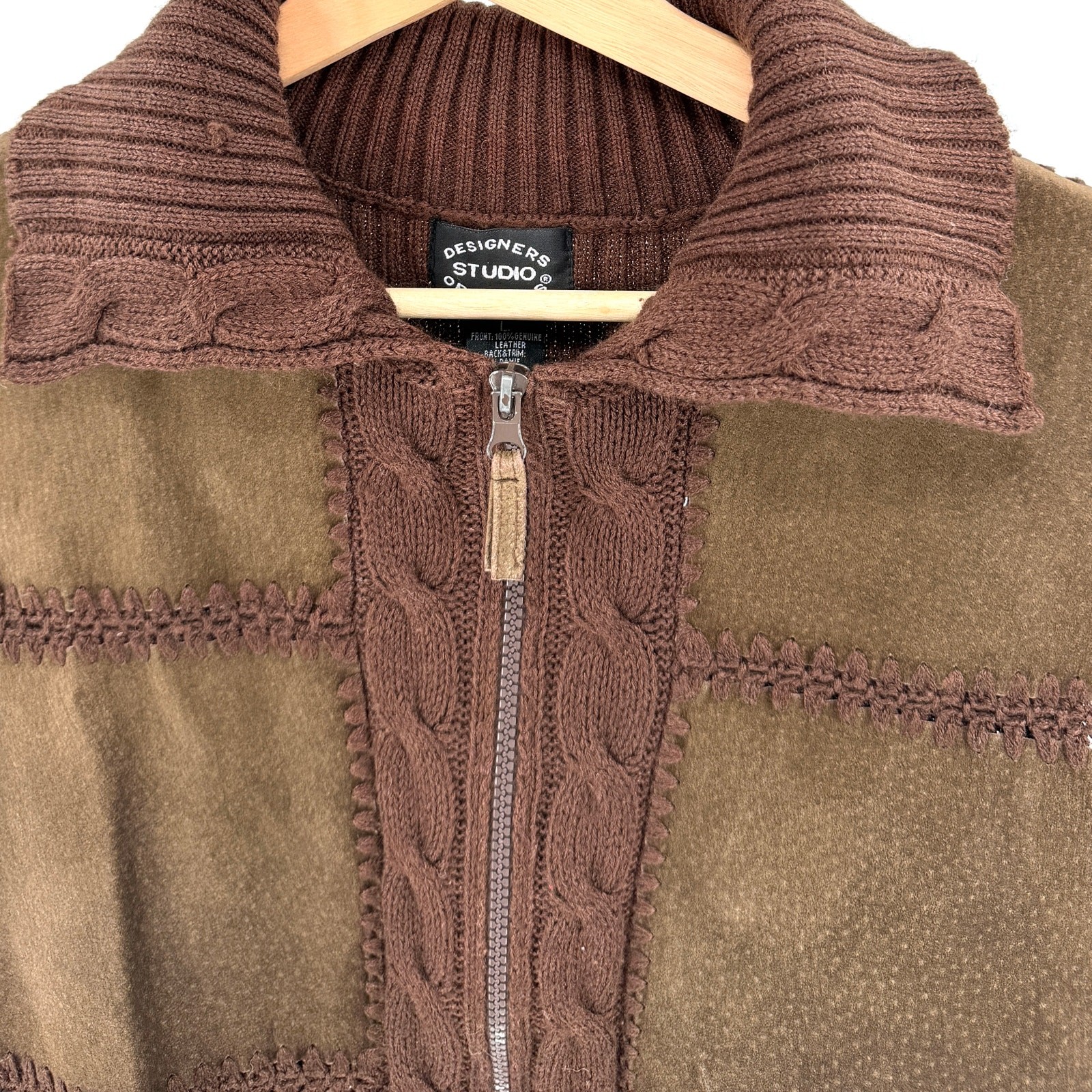 Vintage Y2K Designers Originals Brown Genuine Leather Cable Knit Patchwork Vest