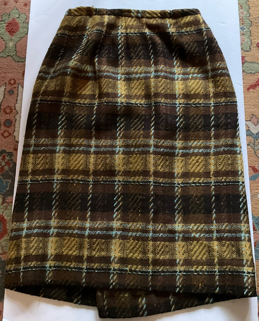 Vintage Sportempos Skirt Brown Yellow Plaid Pencil WOOL Tweed Small Blue