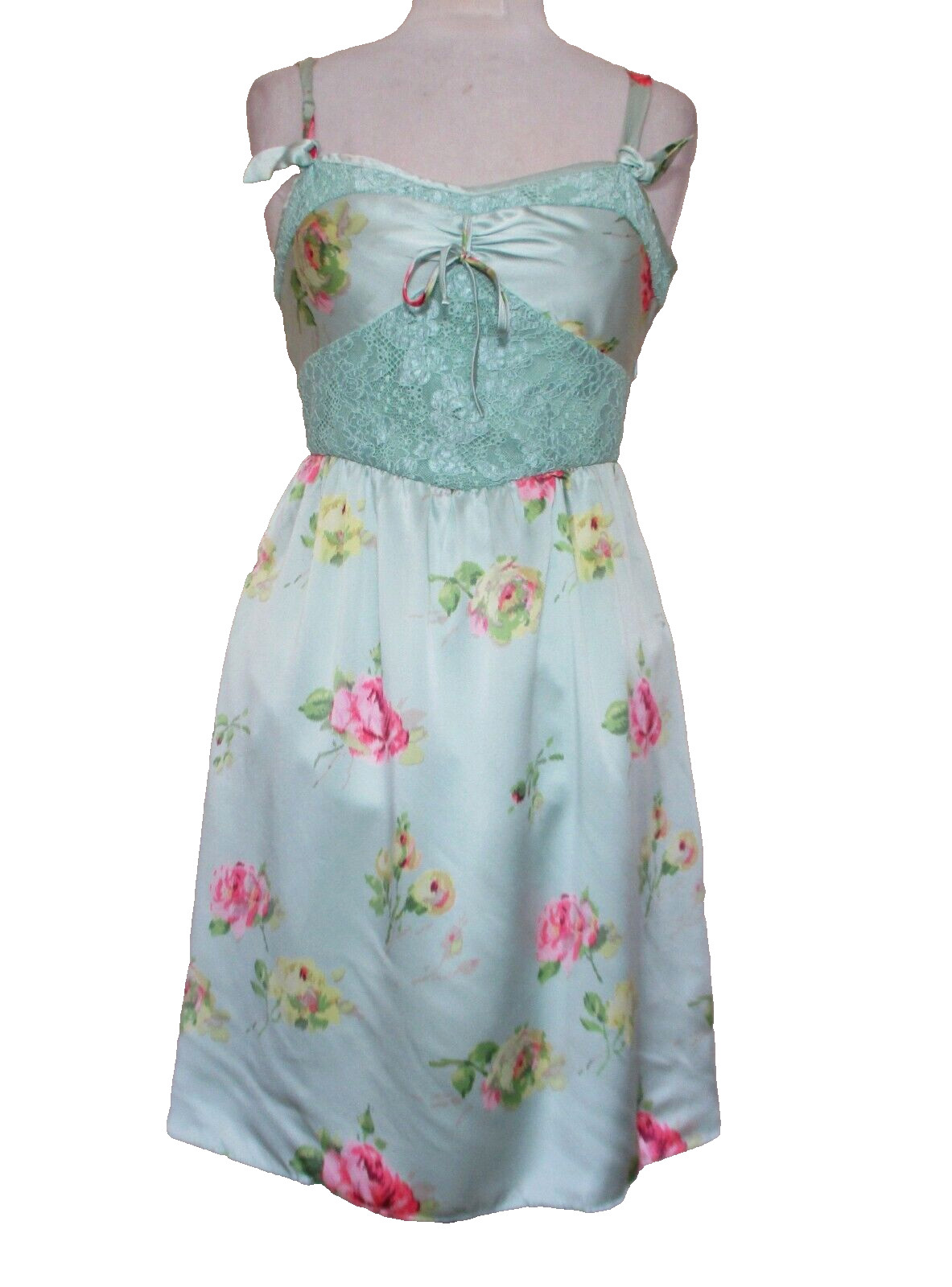 Vintage Betsey Johnson New York Dress Size 4 Women Floral Print Satin Lace Trim