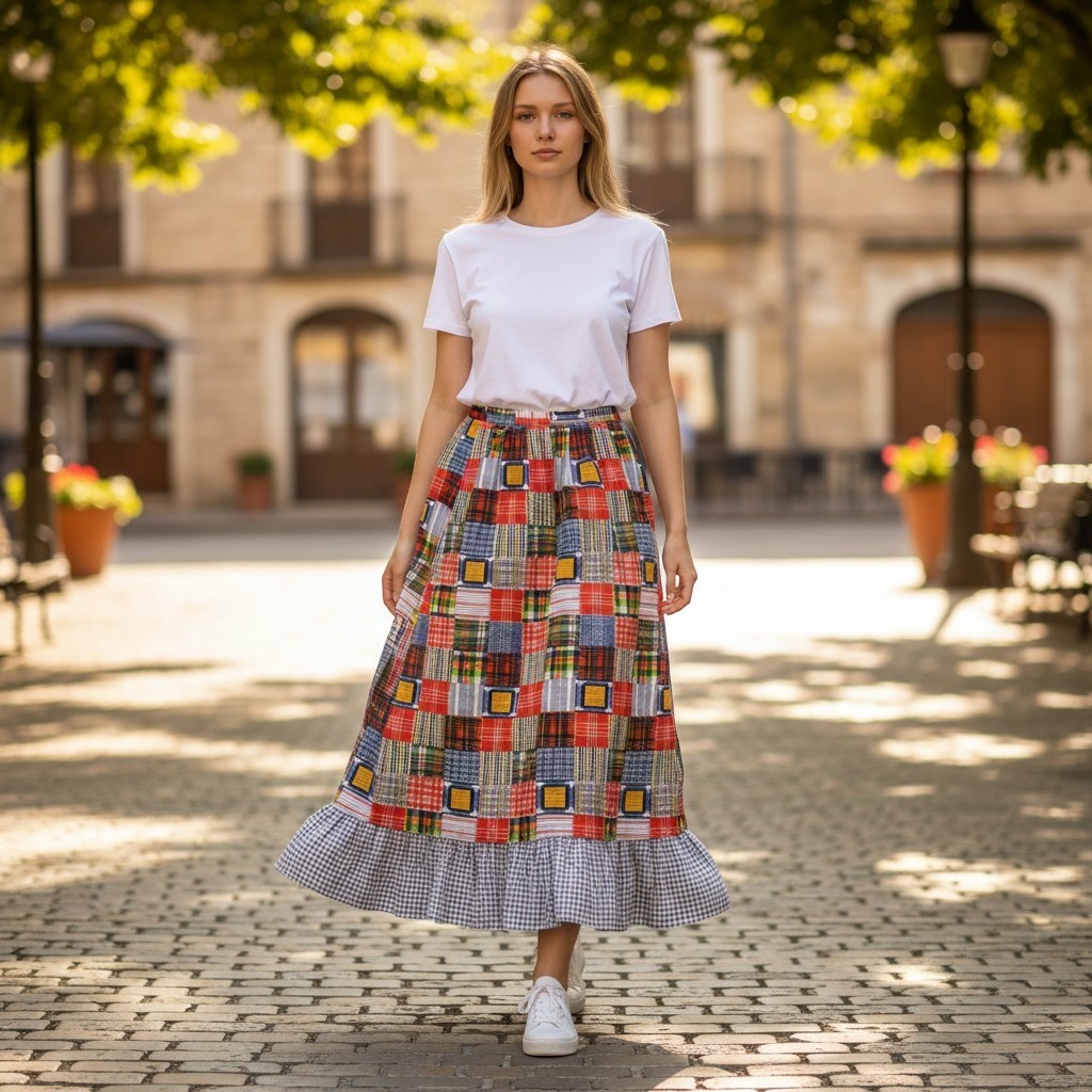 Vintage 70’s Patchwork Plaid Ruffle Midi Skirt Boho Romantic Folk, High Waist
