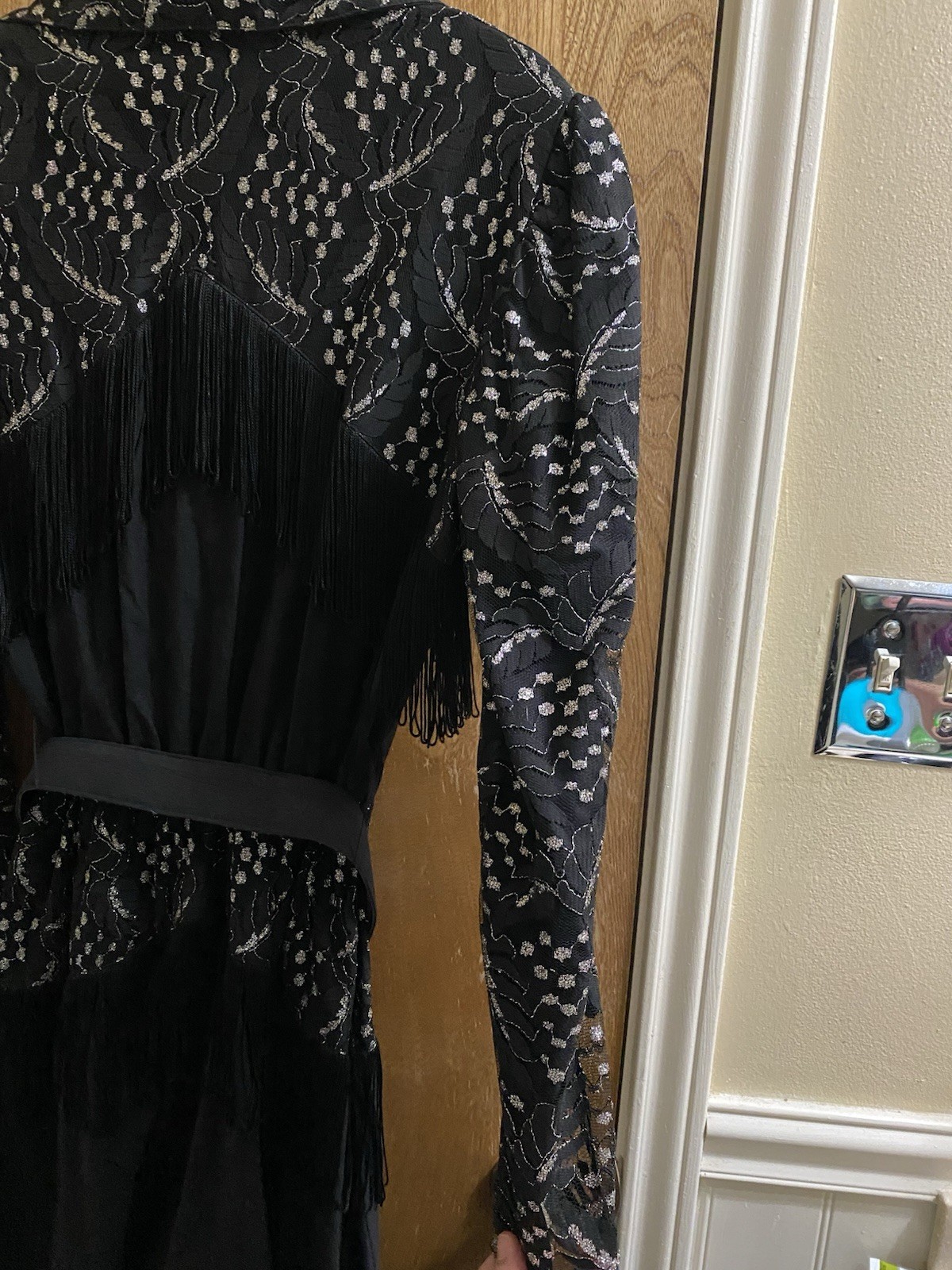 Vintage Lilia Smitty Western Dress Black Silver Fringe Size 11/12 Lace Rodeo