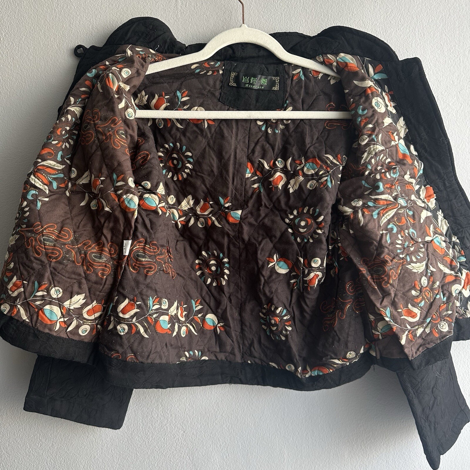 Vintage 100% Cotton Hand Embroidered Oriental Collar Crop Jacket w/ Frog Buttons
