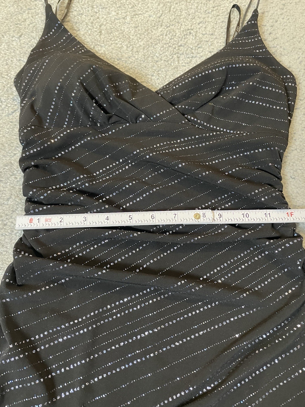Vtg 70s Bodycon Midi Slip Dress M Metallic Black Ruched Cocktail Formal Club USA