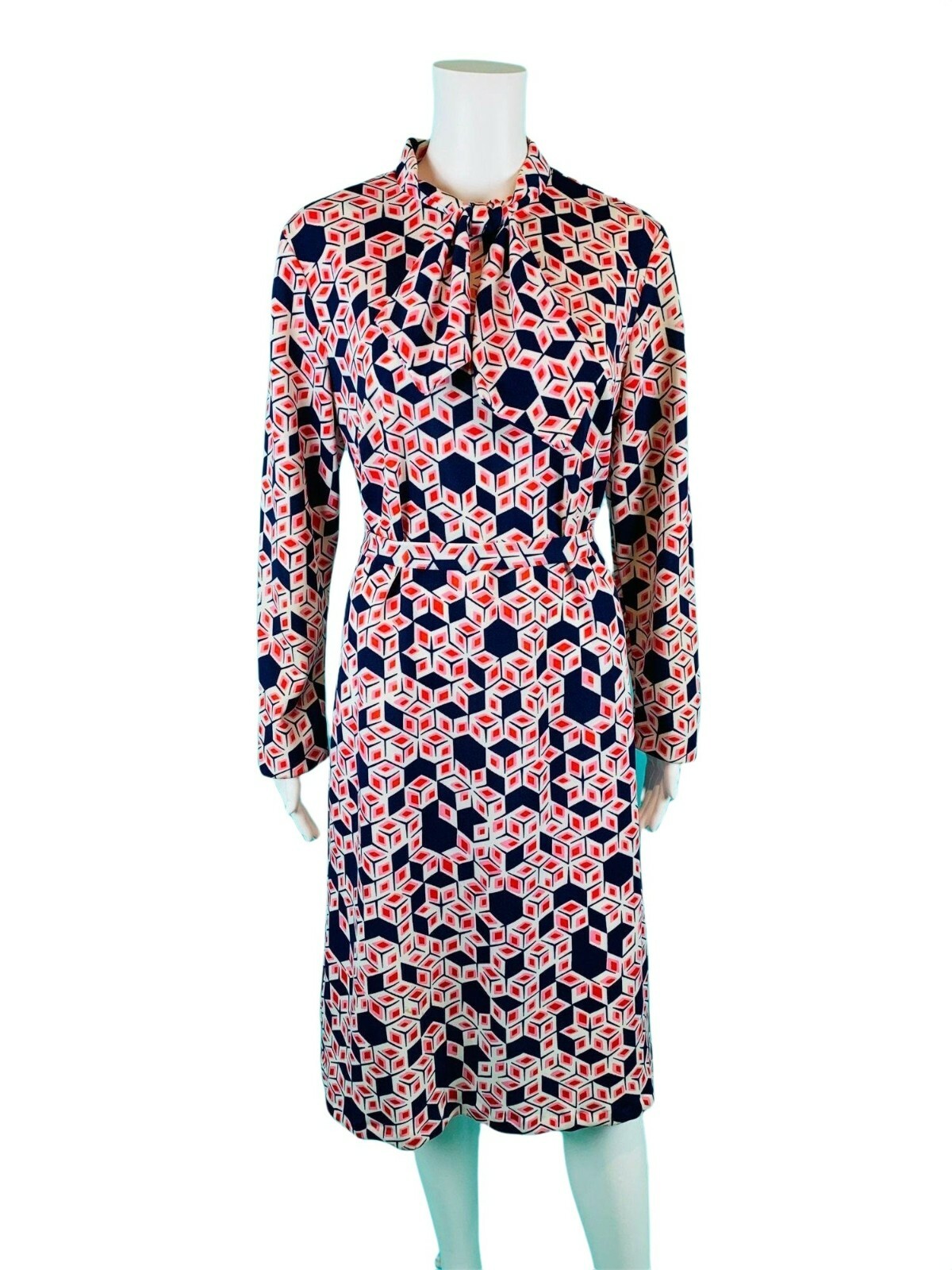 Vintage 1970s Ascot Dress Pink Cube Print Long Sleeves B Altman W 40″