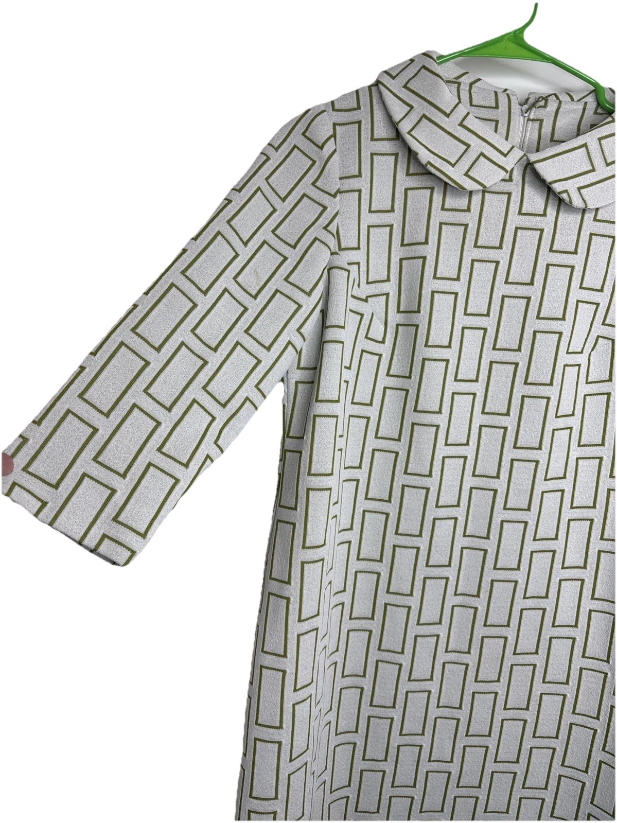 Vintage Structured Shift Dress, 3/4 Sleeve, Mod Print Cream And Green Size Small