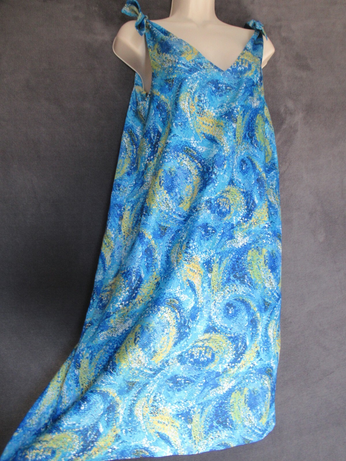 60’s 70’s Vintage Psychedelic Blue Illusion Tie Shoulder Shift Mod Sun Dress M/L