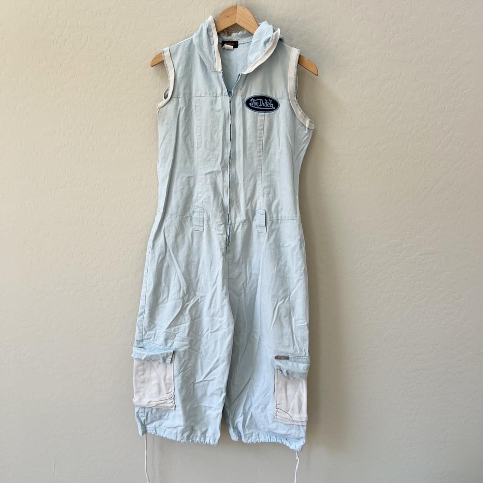 VINTAGE 90’s Von Dutch Light blue white cargo sleeveless jumpsuit coveralls sz L