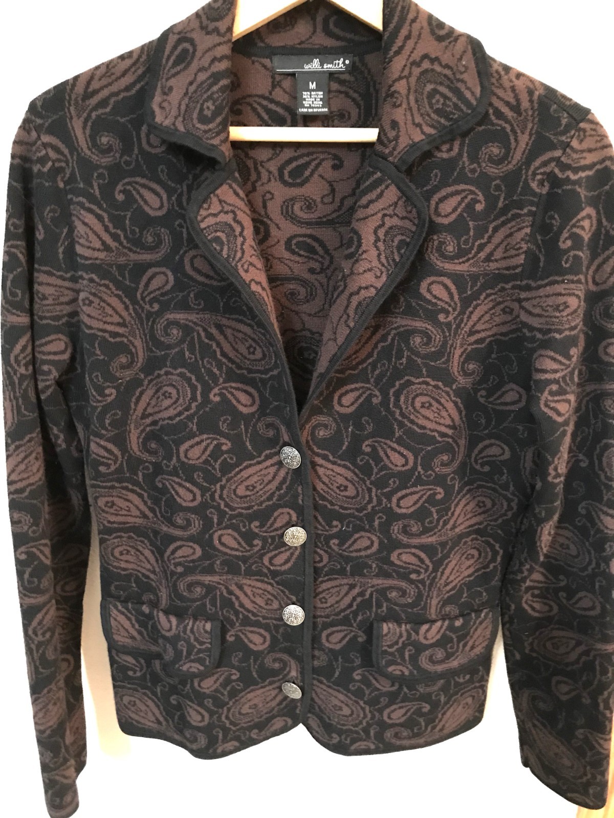VTG 80s Willi Smith Sweater Jacket Brown Black Paisley Blazer Rolled Collar Sz M