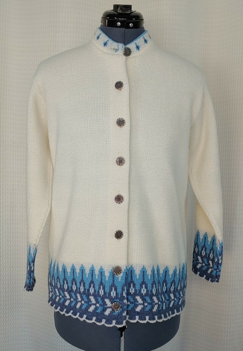 Vintage Jersild Cream Sweater Cardigan with Blue Accents Size 40/US Size Large
