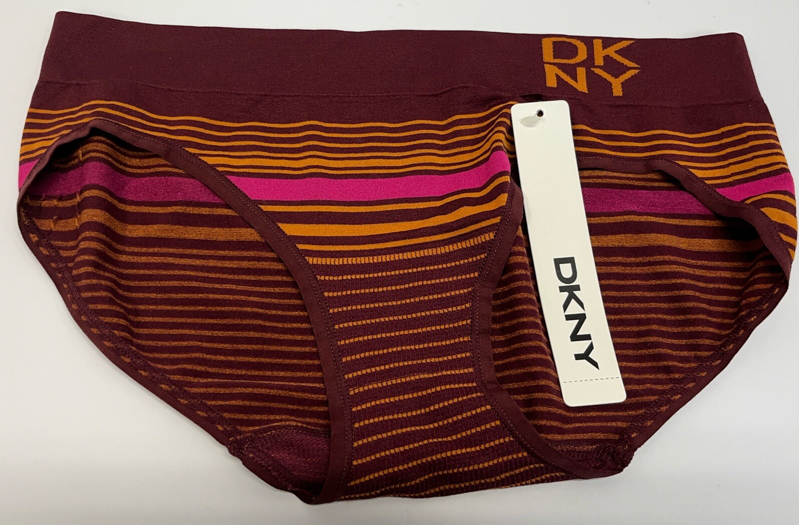 Vtg 2008 DKNY Low Rise No Line Striped Bikini Panty Womens Sz M Burgundy &Gold