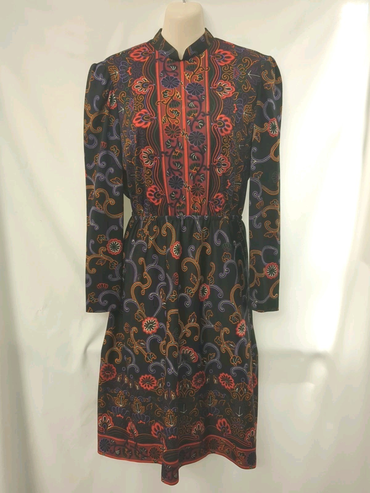 Vintage Kay Windsor Black Red Purple Orange Paisley Long Sleeve Dress Small S 70