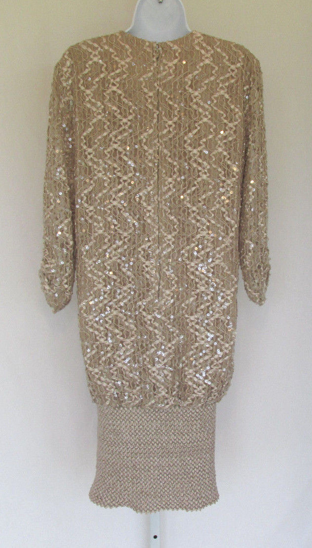 VINTAGE 1960s 70s MOD SIASIA DRESS MOCHA LACE RIBBONS SEQUINS SOUTACHE SIZE 12
