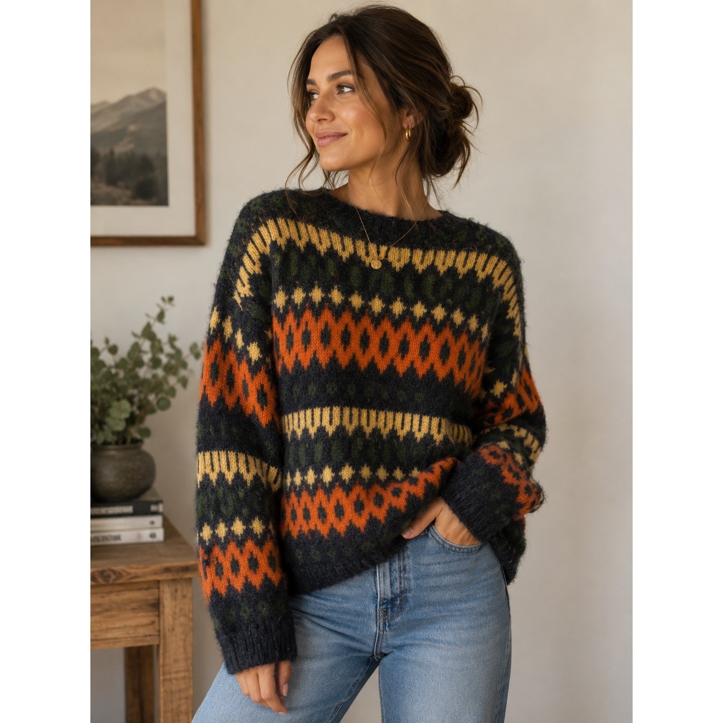 VTG Handknitted Norway 100% Wool Fair Isle Sweater Womens Small Orange Green