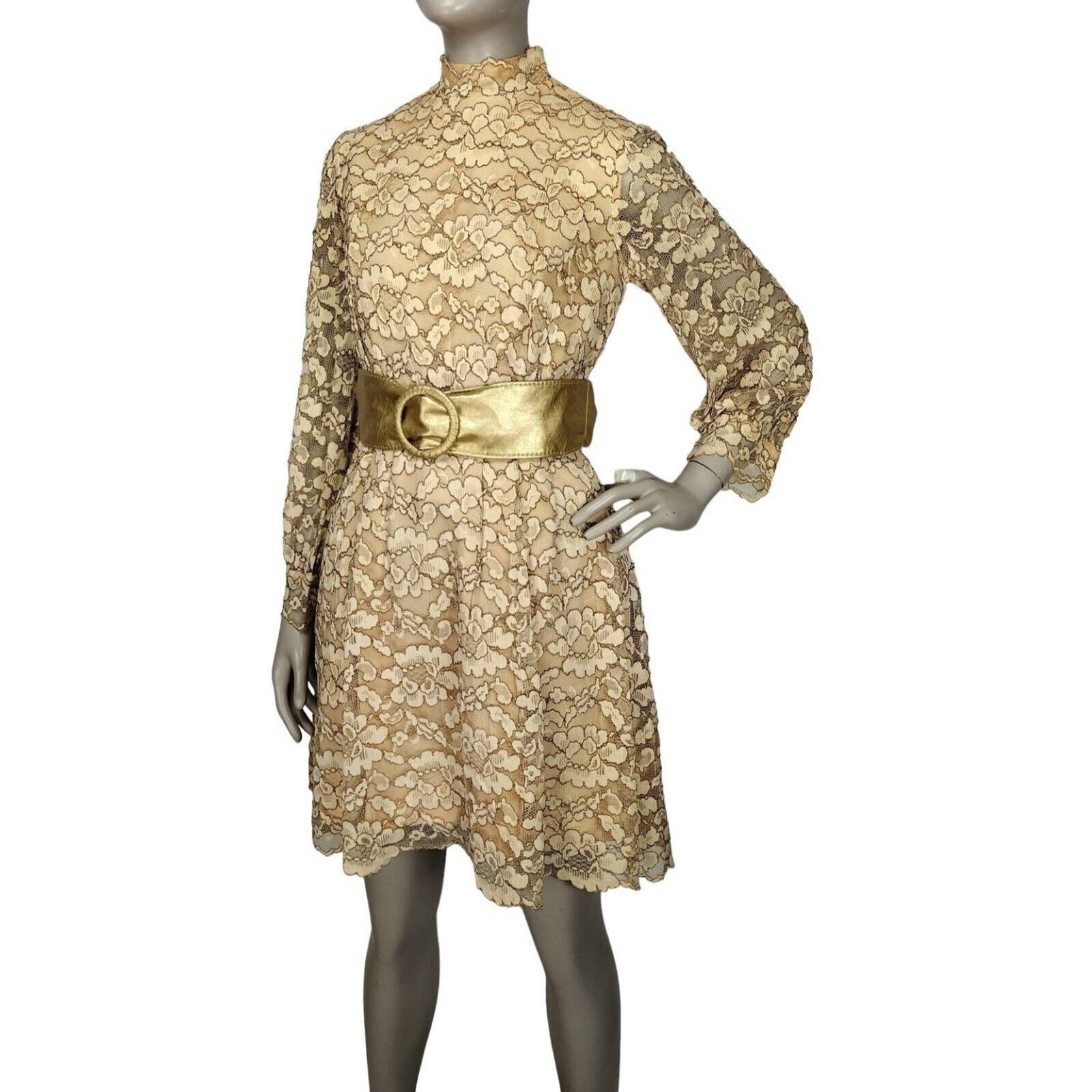 Vintage 60s Beige Gold Floral Lace Scalloped Edge Balloon Sleeve Mini Dress