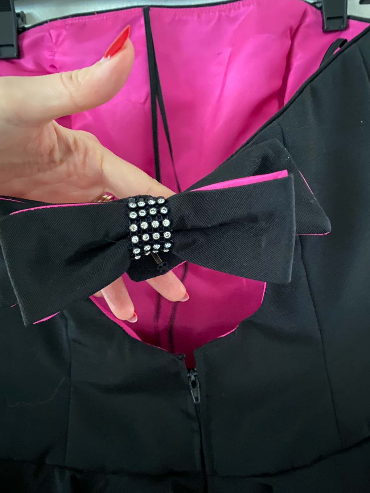 Vintage 1980s AJ Bari Black & Pink Peplum Strapless Rhinestone Bow Party Dress 6