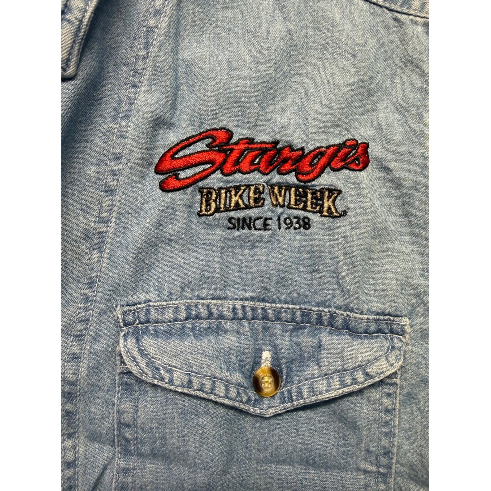 Vintage Sturgis Bike Week Denim Vest Light Wash Tie Front 2XL Blue