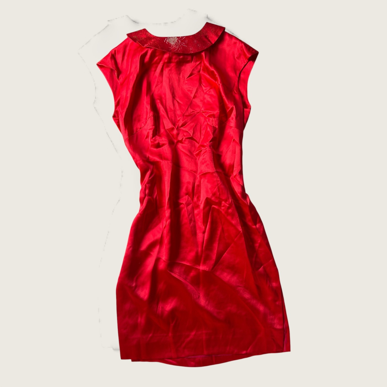 Vintage Red Satin Sleeveless Dress w/ Brocade Mandarin Collar M Medium