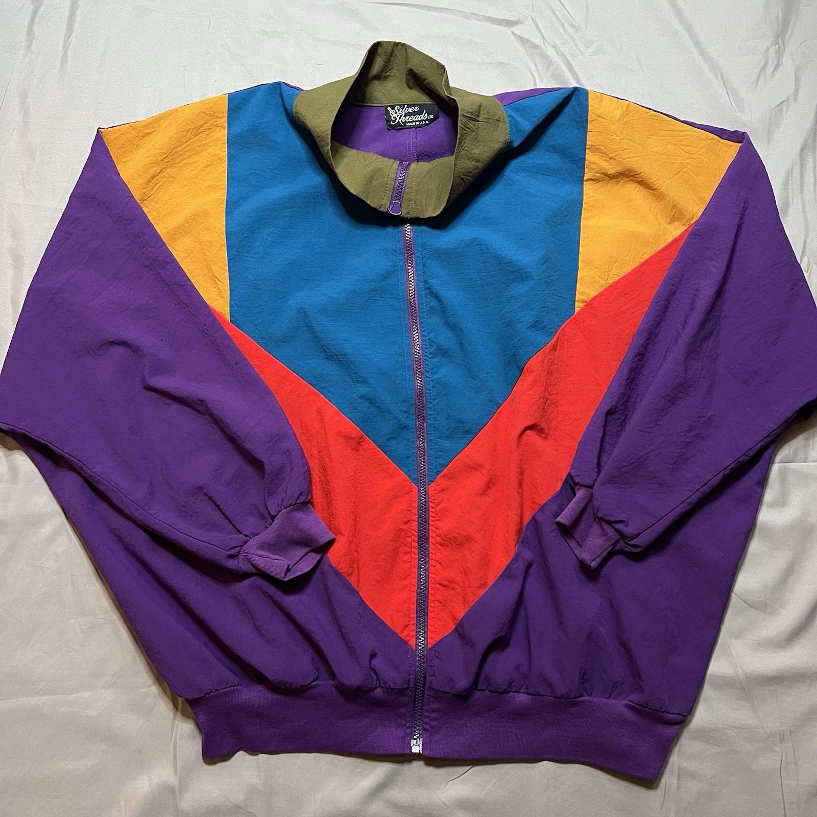 80s Vintage Silver Threads Color Block Full Zip Windbreaker Size L
