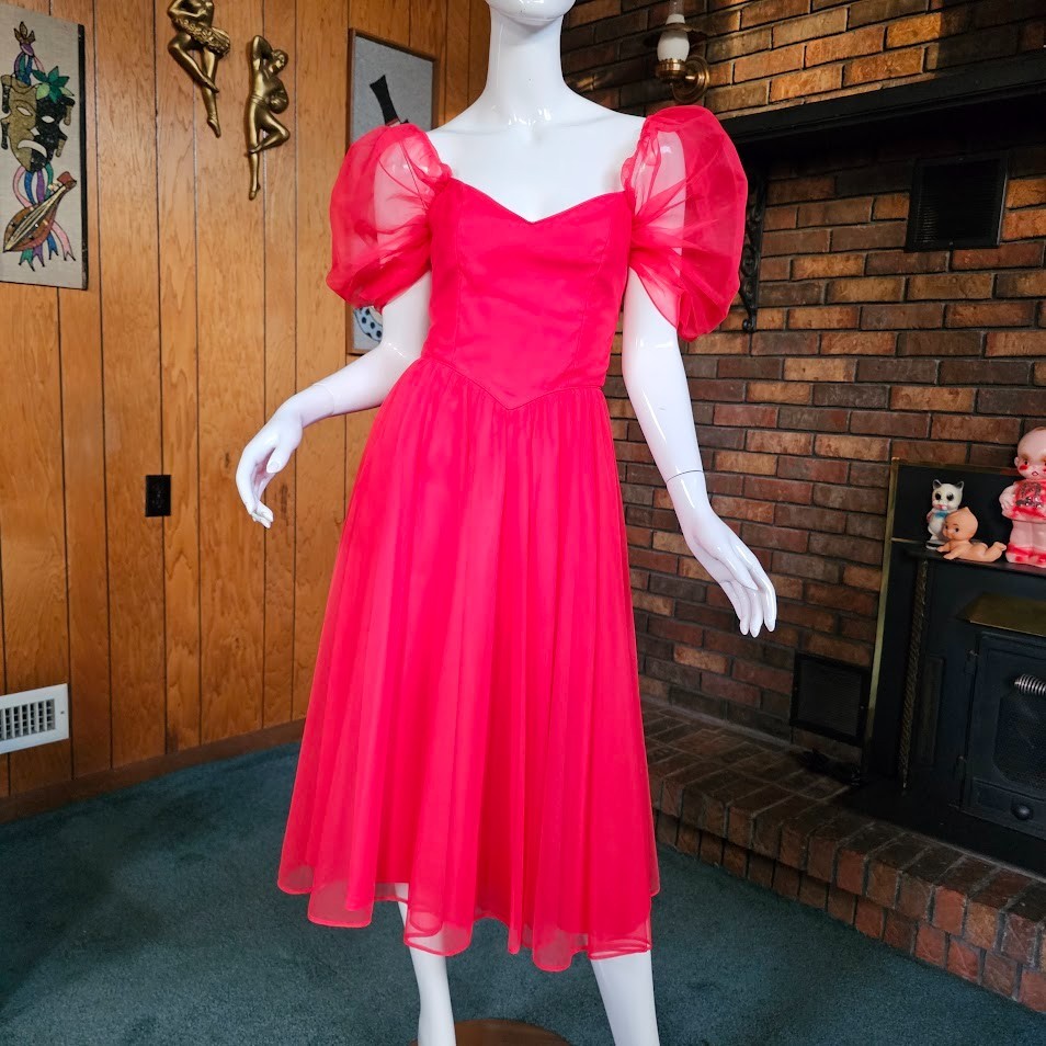 Vtg 80s Lipstick Red Queen Of Hearts Puff Sleeve Chiffon Full Prom Dress XS/S