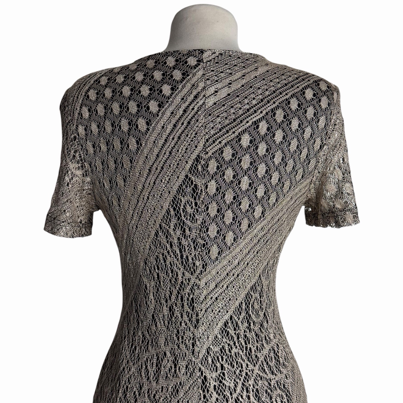 Vintage 90s Gold Sheen Crochet Lace Fringe Flapper Dress Pointelle Mesh Small